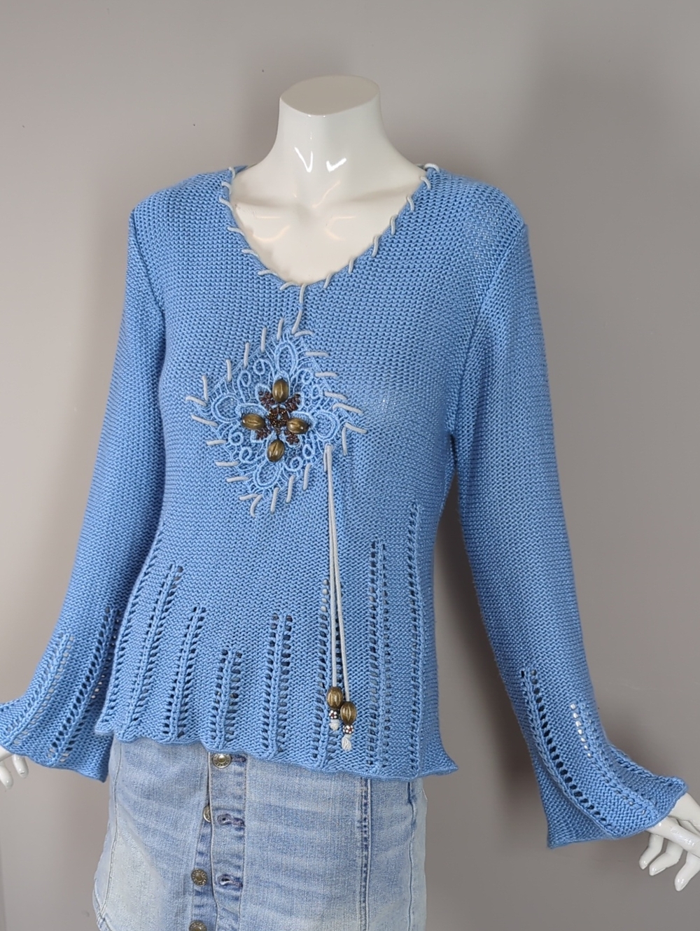 Vintage Light Blue Knit Top Bell Sleeve Embellished Moffi M